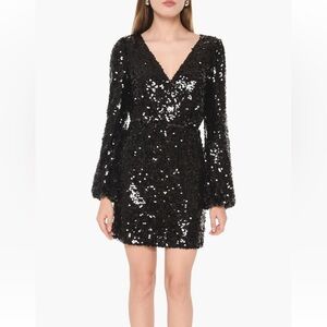 Wayf Black Carrie Long Sleeve Sequin Mini‎ Dress V Neck Lined Size Medium